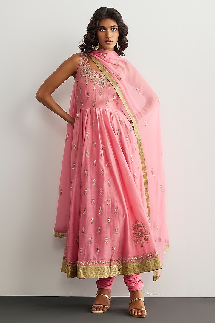 Bubblegum Pink Chanderi Silk Wedding Anarkali Set by Ri Ritu Kumar at Pernia's Pop Up Shop