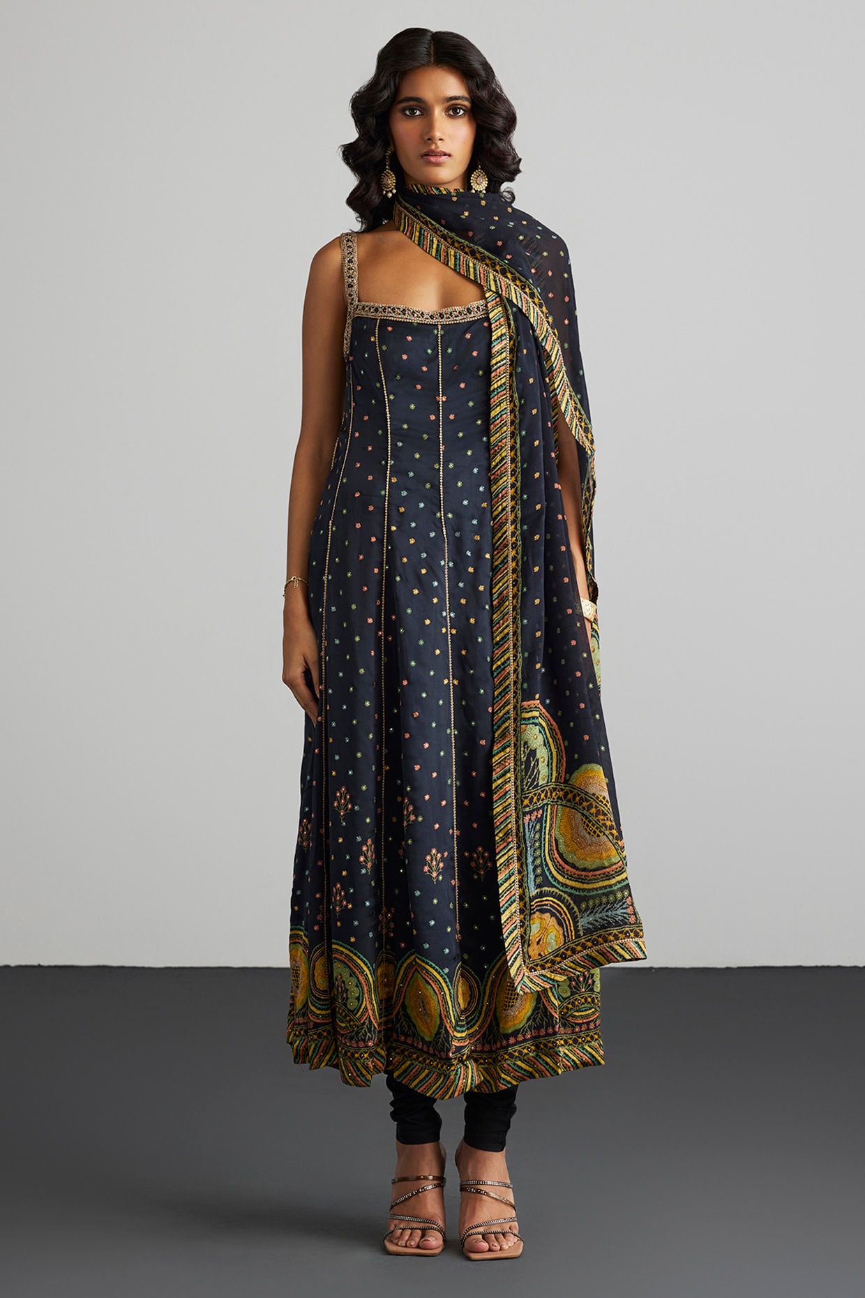 Black Silk Satin Kurta Set by Ri Ritu Kumar at Pernia's Pop Up Shop 2025