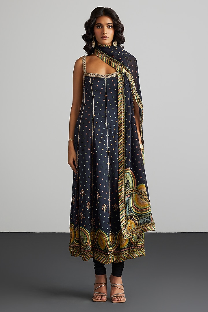 Black Silk Satin Kurta Set by Ri Ritu Kumar at Pernia's Pop Up Shop
