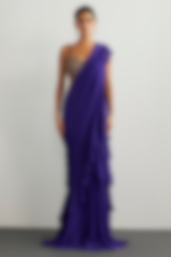 Purple & Gold Viscose Chinon Draped Wedding Saree Set by Ri Ritu Kumar at Pernia's Pop Up Shop