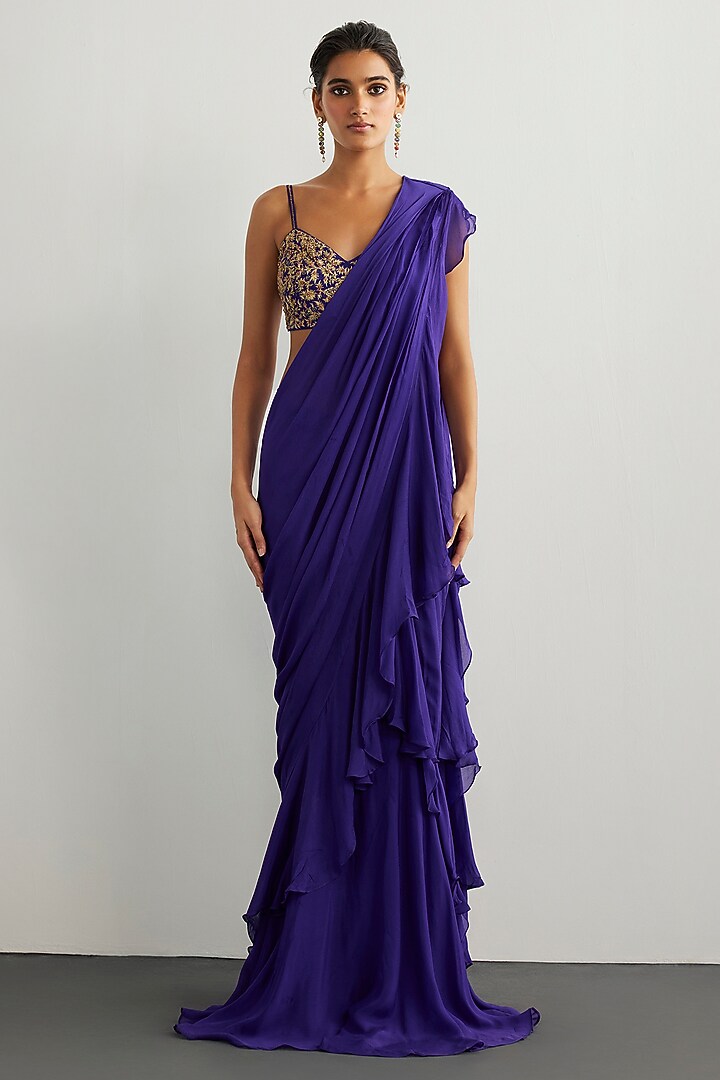 Purple & Gold Viscose Chinon Draped Wedding Saree Set by Ri Ritu Kumar at Pernia's Pop Up Shop