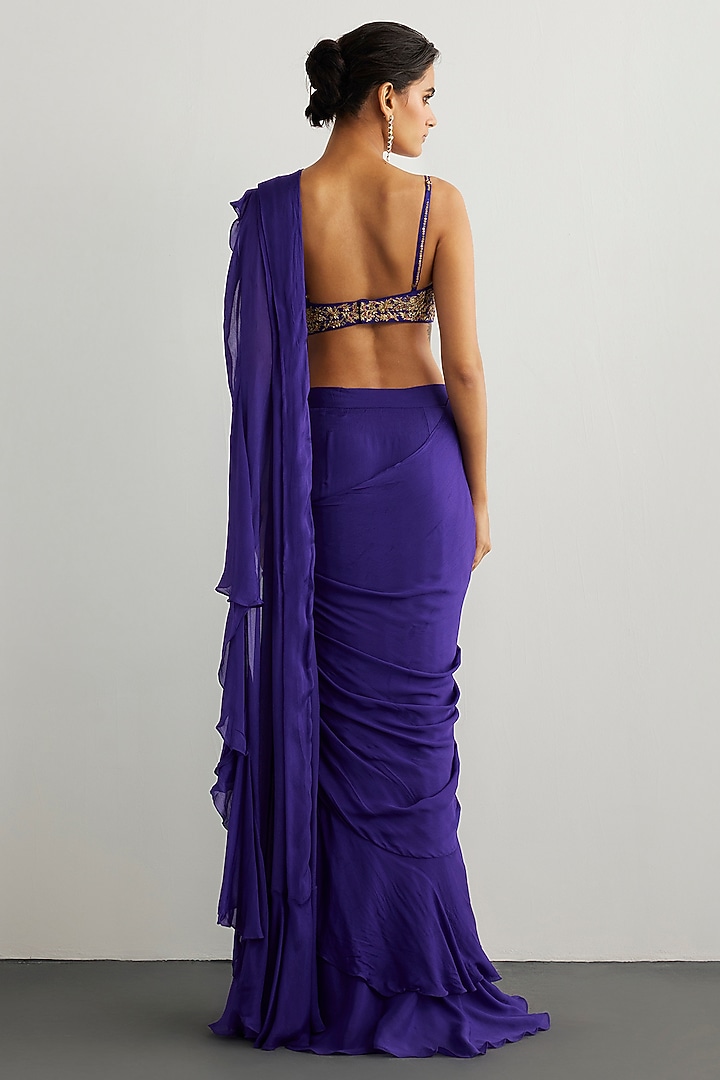 Purple & Gold Viscose Chinon Draped Wedding Saree Set by Ri Ritu Kumar at Pernia's Pop Up Shop