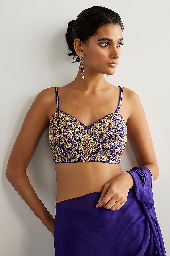 Purple & Gold Viscose Chinon Draped Wedding Saree Set by Ri Ritu Kumar at Pernia's Pop Up Shop