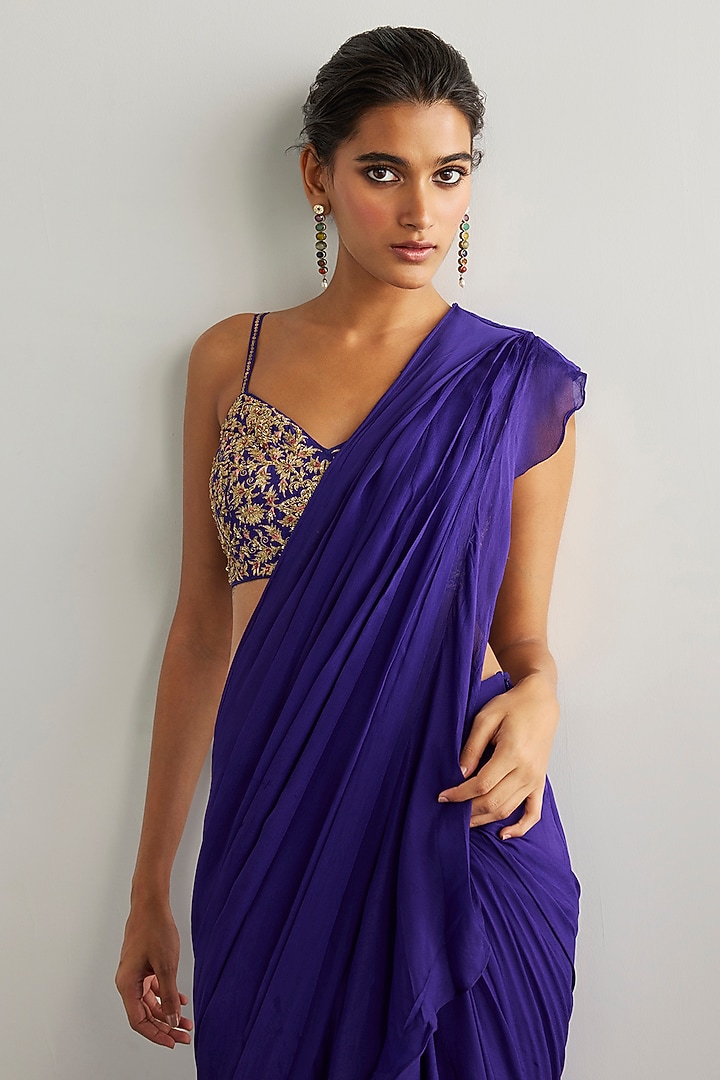 Purple & Gold Viscose Chinon Draped Wedding Saree Set by Ri Ritu Kumar at Pernia's Pop Up Shop