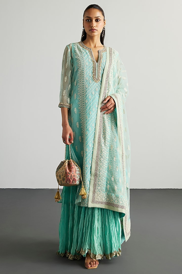Aqua Blue Silk Organza Lucknowi Kurta Set by Ri Ritu Kumar at Pernia's Pop Up Shop