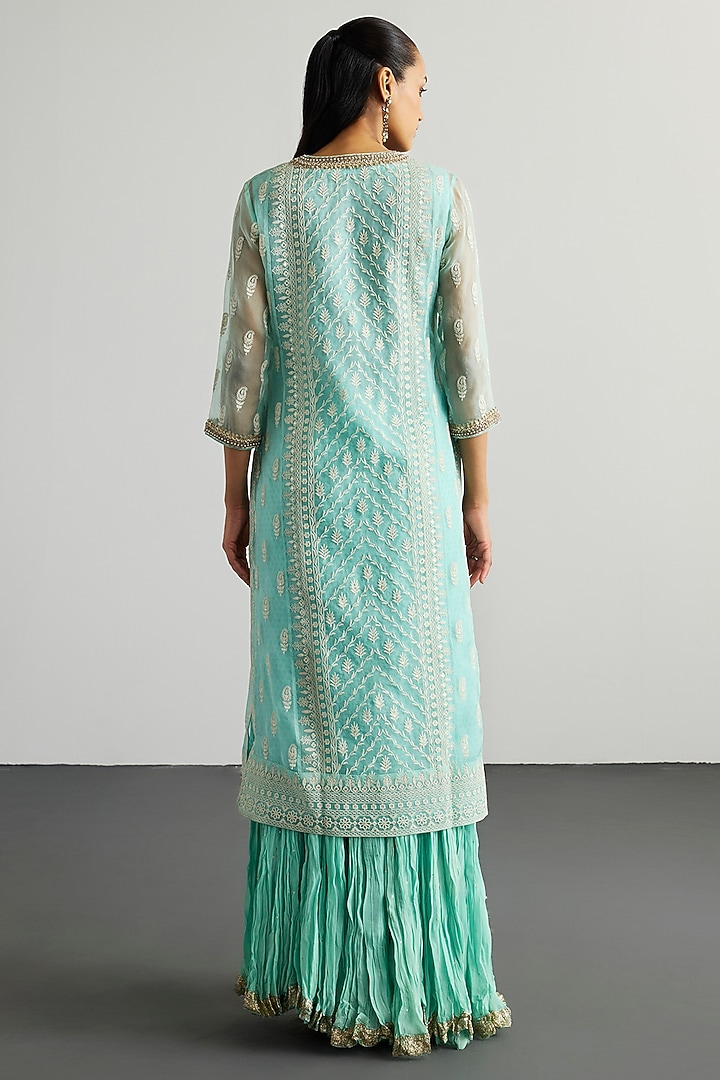 Aqua Blue Silk Organza Lucknowi Kurta Set by Ri Ritu Kumar at Pernia's Pop Up Shop