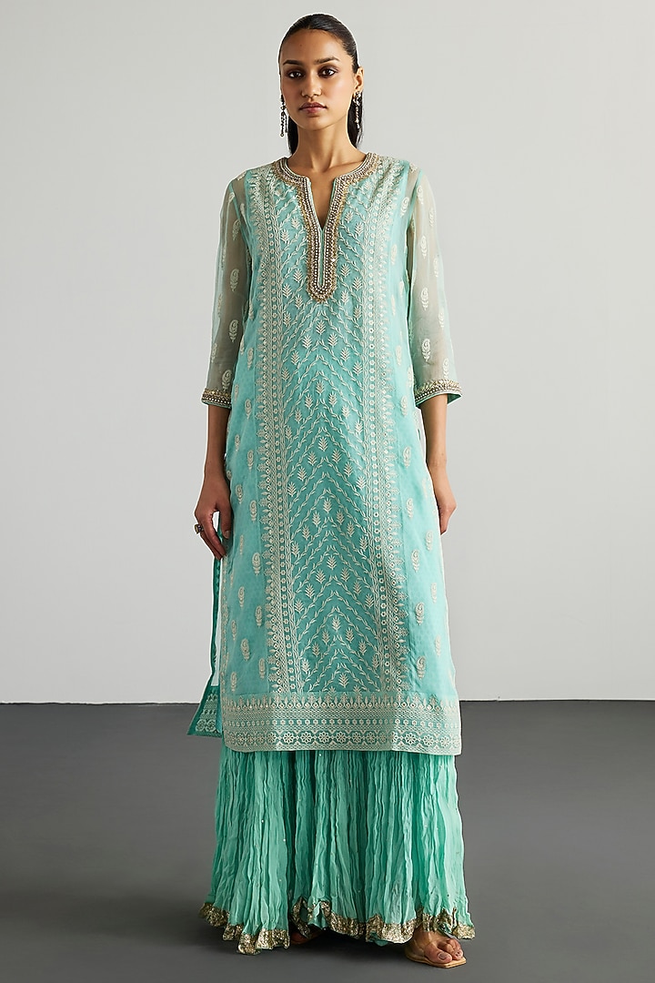 Aqua Blue Silk Organza Lucknowi Kurta Set by Ri Ritu Kumar at Pernia's Pop Up Shop