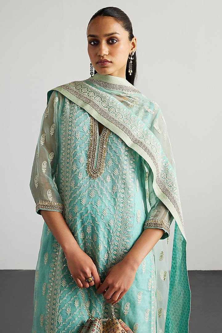 Aqua Blue Silk Organza Lucknowi Kurta Set by Ri Ritu Kumar at Pernia's Pop Up Shop