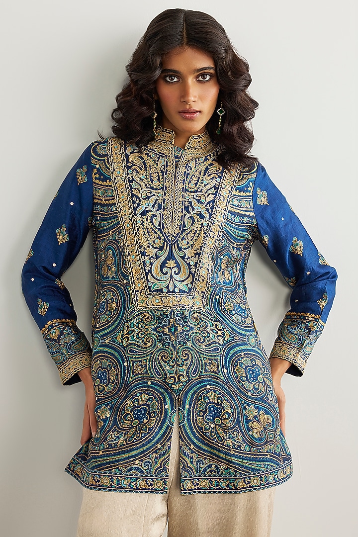 Blue & Beige Murshidabad Silk Brocade Jamawar Kurta by Ri Ritu Kumar at Pernia's Pop Up Shop