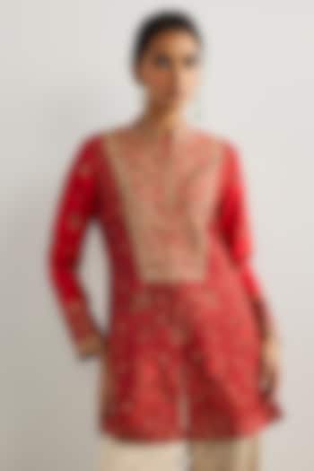 Red & Beige Murshidabad Silk Brocade Jamawar Kurta by Ri Ritu Kumar at Pernia's Pop Up Shop