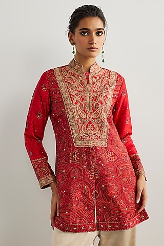 Red & Beige Murshidabad Silk Brocade Jamawar Kurta by Ri Ritu Kumar