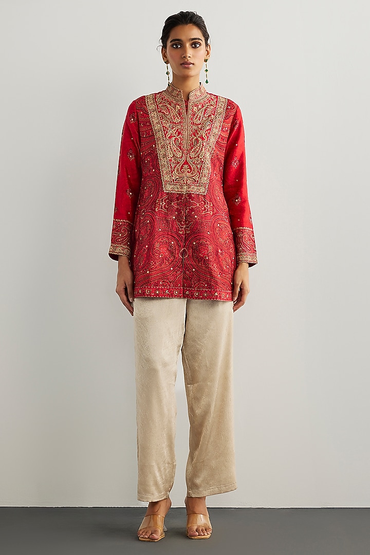 Red & Beige Murshidabad Silk Brocade Jamawar Kurta by Ri Ritu Kumar at Pernia's Pop Up Shop