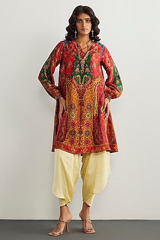 Red & Multi-Colored Murshidabad Silk Kurta by Ri Ritu Kumar