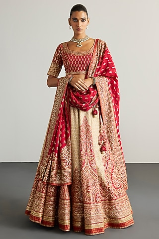 Off-White & Red Silk Dupion Lehenga Set by Ri Ritu Kumar
