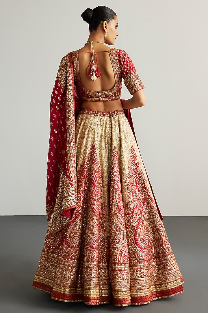 Off-White & Red Silk Dupion Bridal Lehenga Set by Ri Ritu Kumar at ...