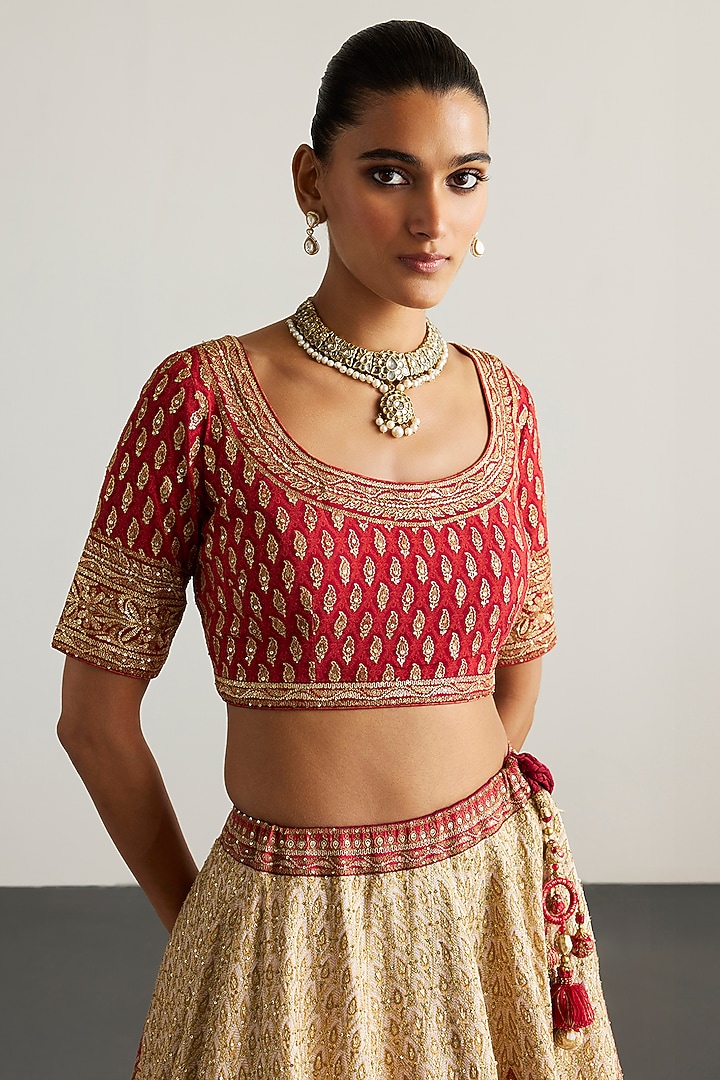 Off-White & Red Silk Dupion Bridal Lehenga Set by Ri Ritu Kumar at Pernia's Pop Up Shop