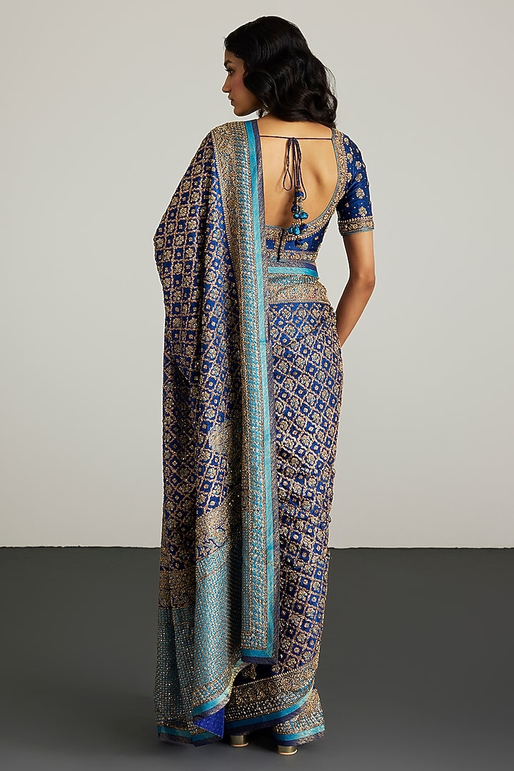 Royal Blue Silk Satin Zardosi Embroidered Bridal Saree Set by Ri Ritu Kumar at Pernia's Pop Up Shop