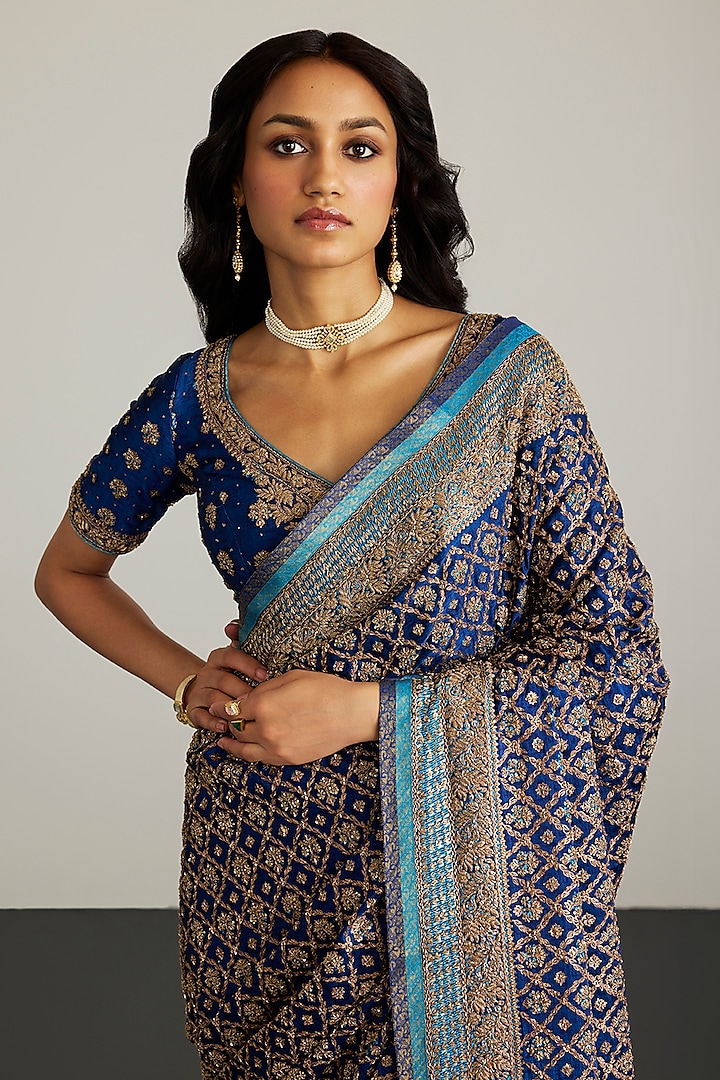 Royal Blue Silk Satin Zardosi Embroidered Bridal Saree Set by Ri Ritu Kumar at Pernia's Pop Up Shop
