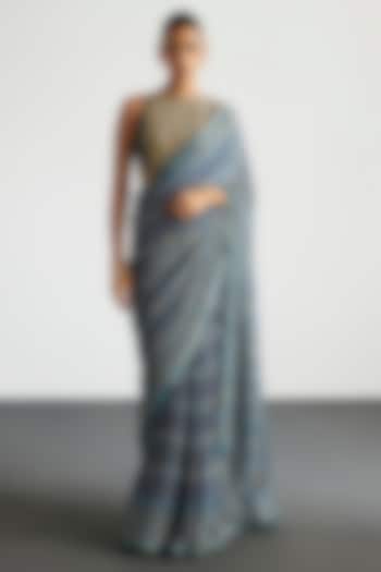 Blue & Beige Viscose Chinon Brocade Jamawar Wedding Saree Set by Ri Ritu Kumar at Pernia's Pop Up Shop