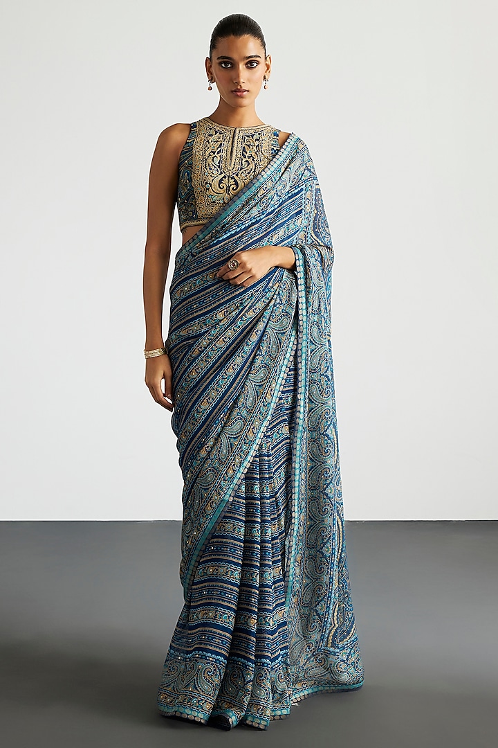 Blue & Beige Viscose Chinon Brocade Jamawar Wedding Saree Set by Ri Ritu Kumar at Pernia's Pop Up Shop