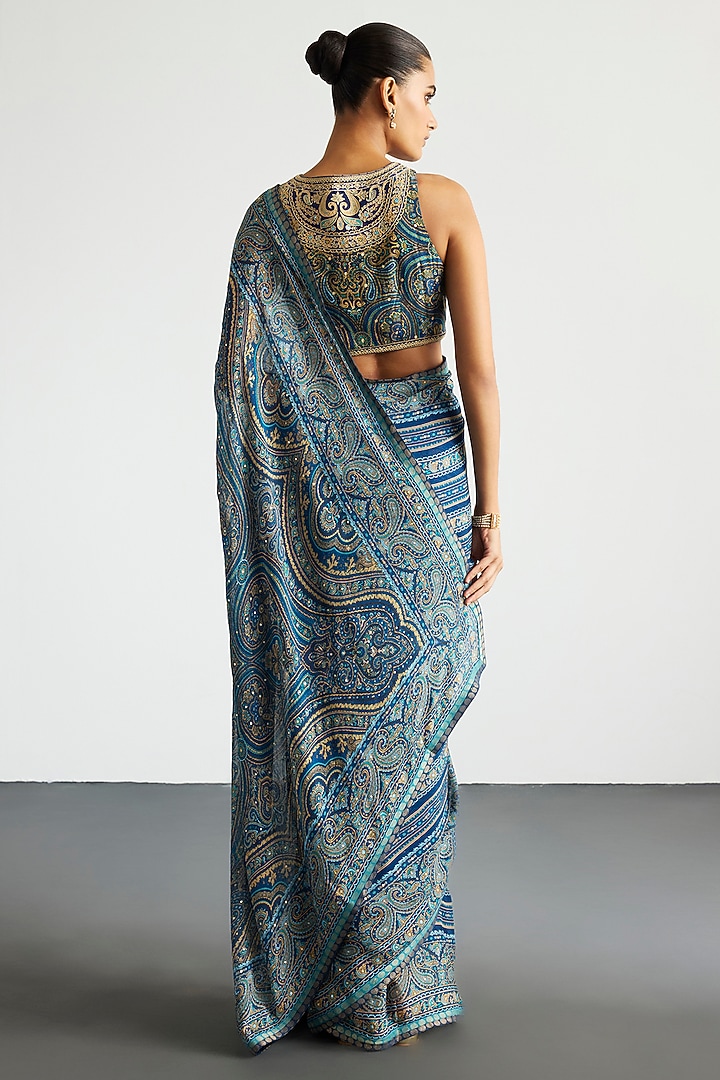 Blue & Beige Viscose Chinon Brocade Jamawar Wedding Saree Set by Ri Ritu Kumar at Pernia's Pop Up Shop