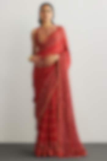 Red & Beige Viscose Chinon Brocade Jamawar Wedding Saree Set by Ri Ritu Kumar at Pernia's Pop Up Shop