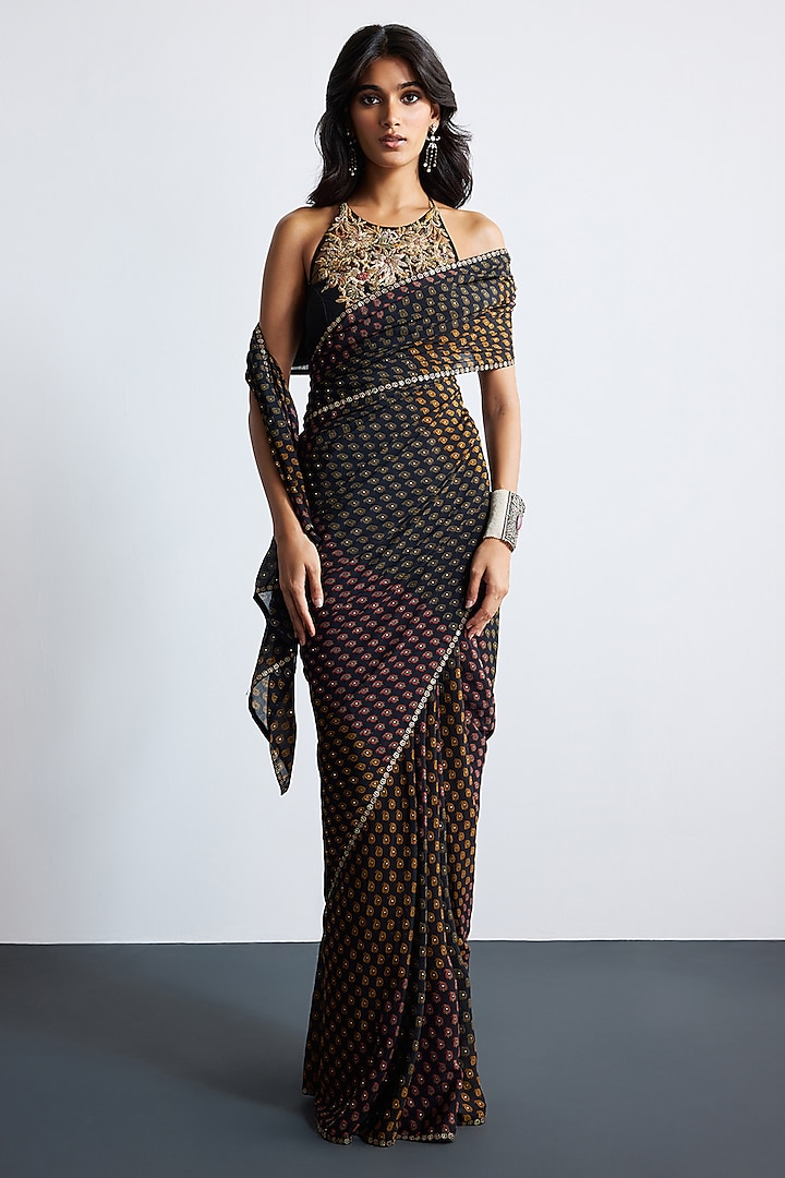Black & Multi-Colored Viscose Chinon Wedding Saree Set by Ri Ritu Kumar at Pernia's Pop Up Shop