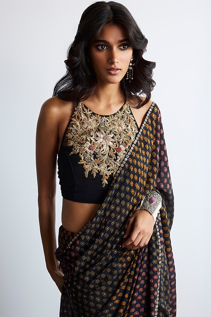 Black & Multi-Colored Viscose Chinon Wedding Saree Set by Ri Ritu Kumar at Pernia's Pop Up Shop