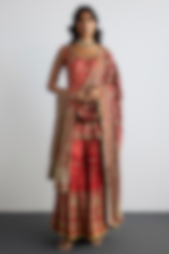 Red Silk Satin Gharara Set by Ri Ritu Kumar at Pernia's Pop Up Shop