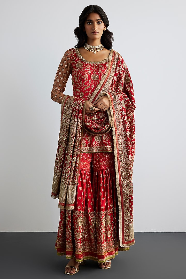 Red Silk Satin Gharara Set by Ri Ritu Kumar at Pernia's Pop Up Shop