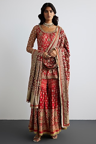 Red Silk Satin Gharara Set by Ri Ritu Kumar