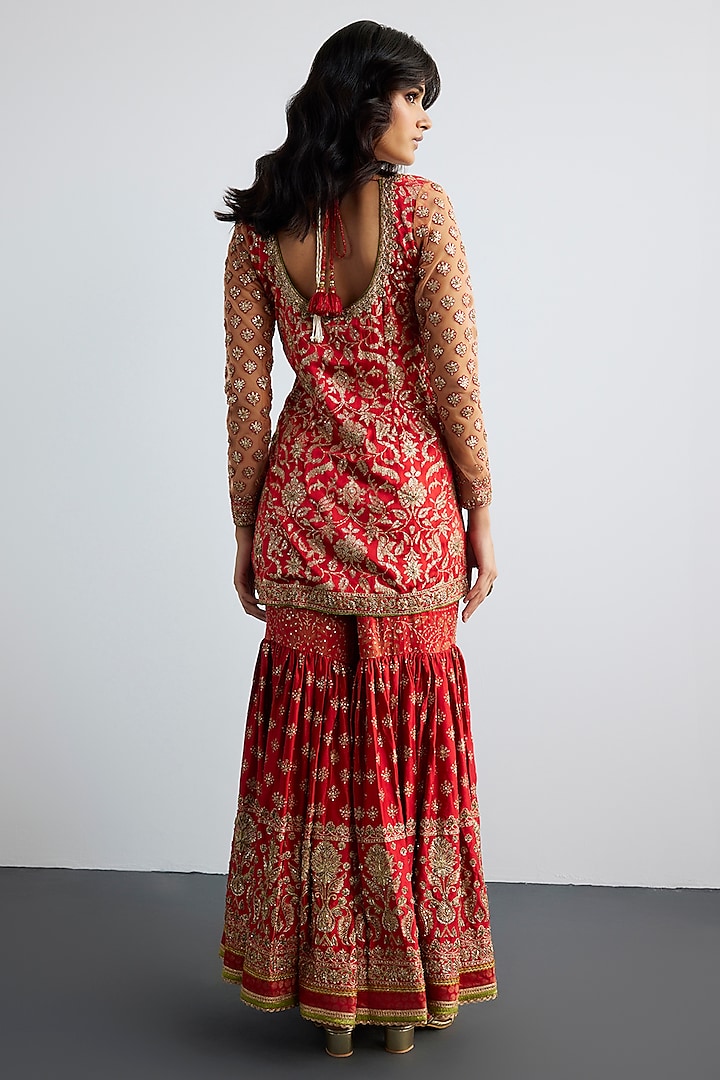 Red Silk Satin Gharara Set by Ri Ritu Kumar at Pernia's Pop Up Shop