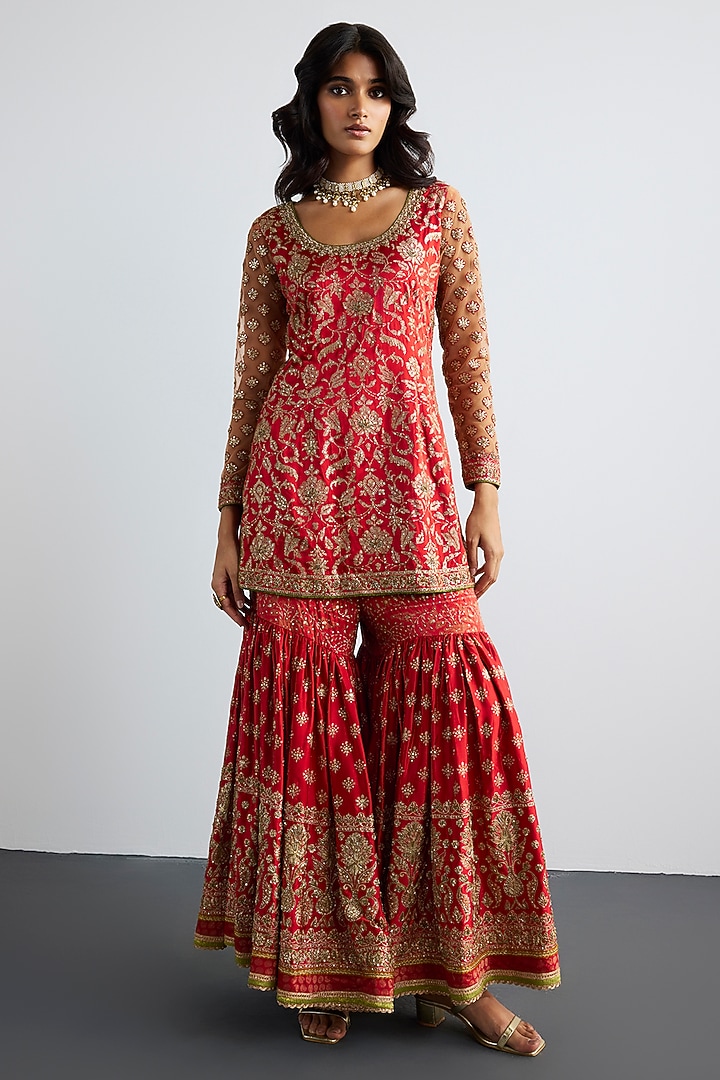 Red Silk Satin Gharara Set by Ri Ritu Kumar at Pernia's Pop Up Shop