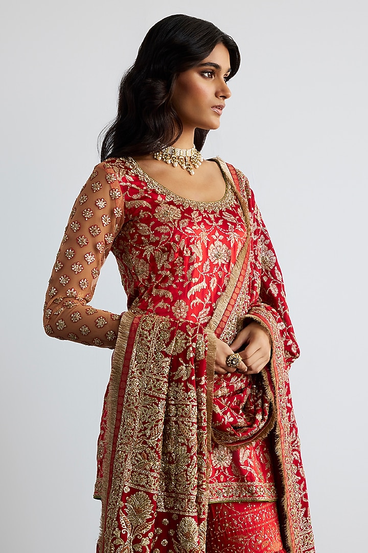 Red Silk Satin Gharara Set by Ri Ritu Kumar at Pernia's Pop Up Shop