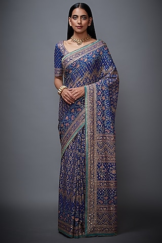 Blue & Pink Chinon Silk Aari Embroidered & Printed Saree Set by Ri Ritu Kumar