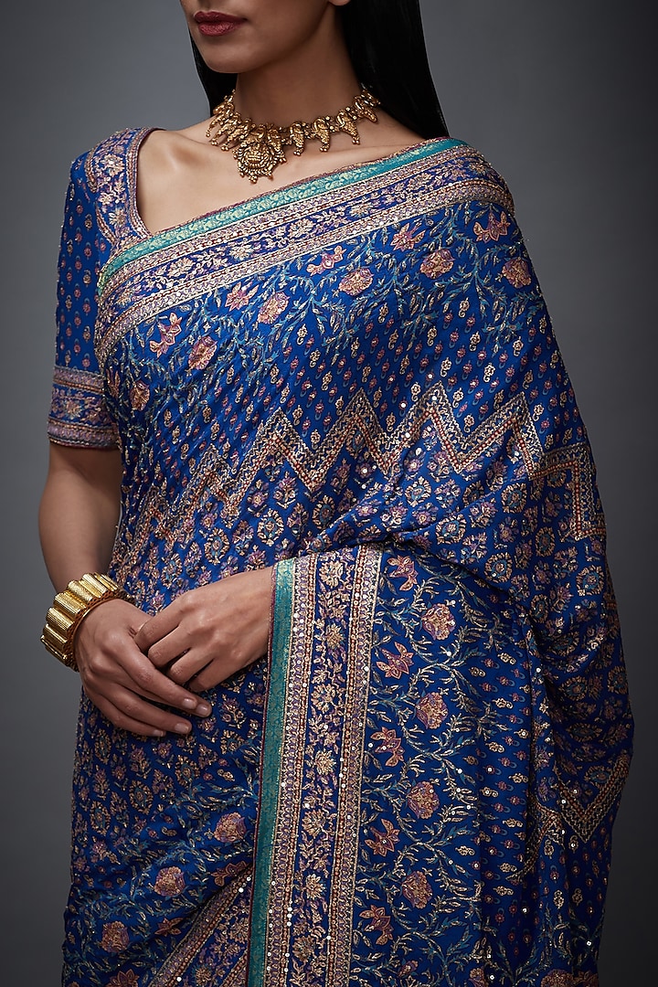 Blue & Pink Chinon Silk Aari Embroidered & Printed Bridal Saree Set by Ri Ritu Kumar at Pernia's Pop Up Shop