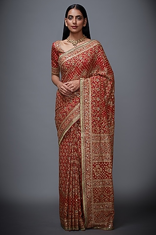 Rust & Beige Printed Embroidered Saree Set by Ri Ritu Kumar