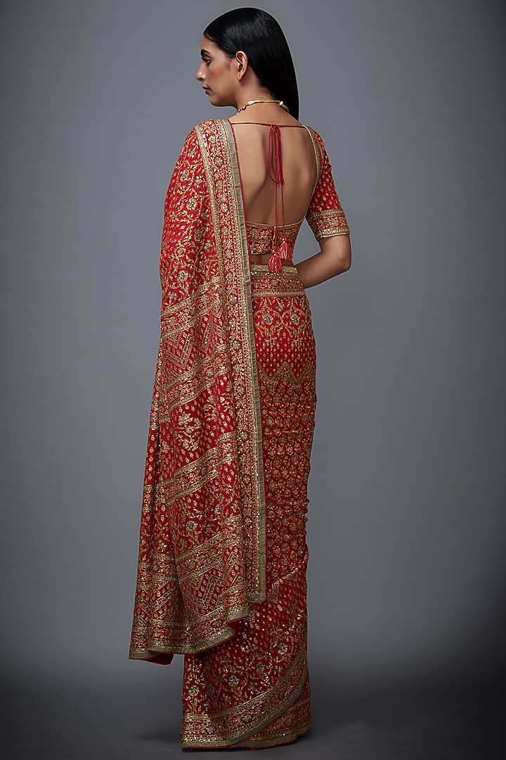 Rust & Beige Printed Embroidered Bridal Saree Set by Ri Ritu Kumar at Pernia's Pop Up Shop