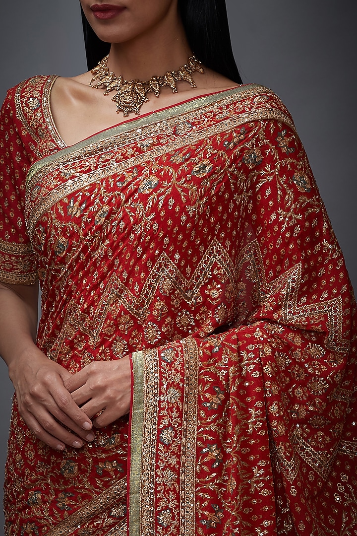 Rust & Beige Printed Embroidered Bridal Saree Set by Ri Ritu Kumar at Pernia's Pop Up Shop