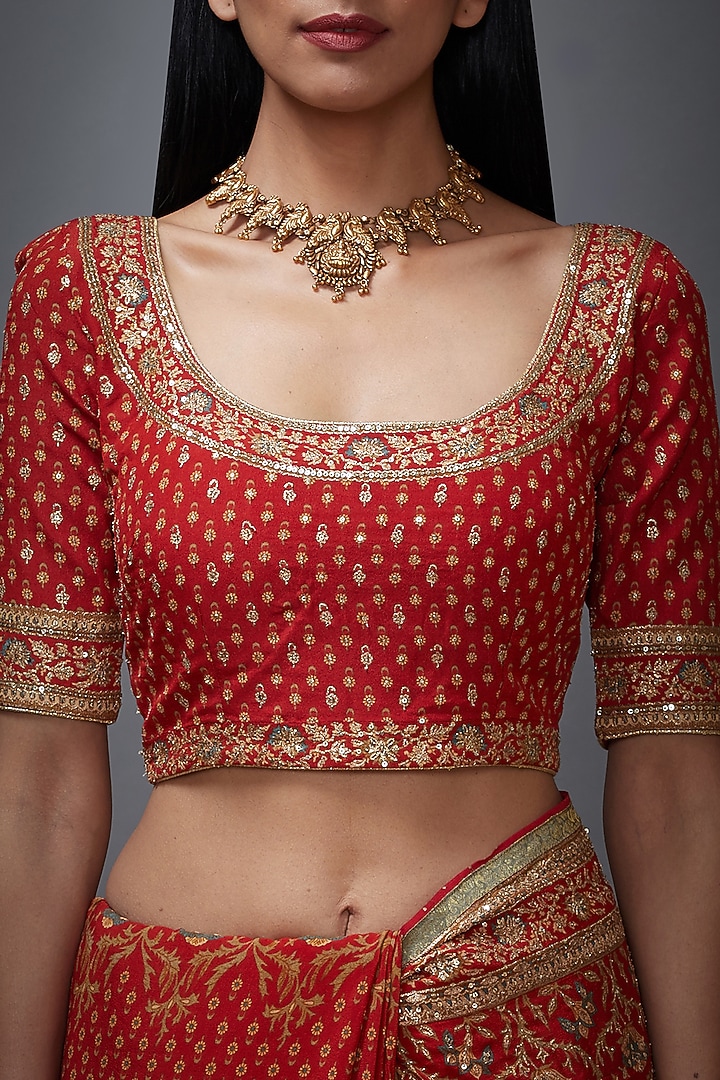 Rust & Beige Printed Embroidered Bridal Saree Set by Ri Ritu Kumar at Pernia's Pop Up Shop