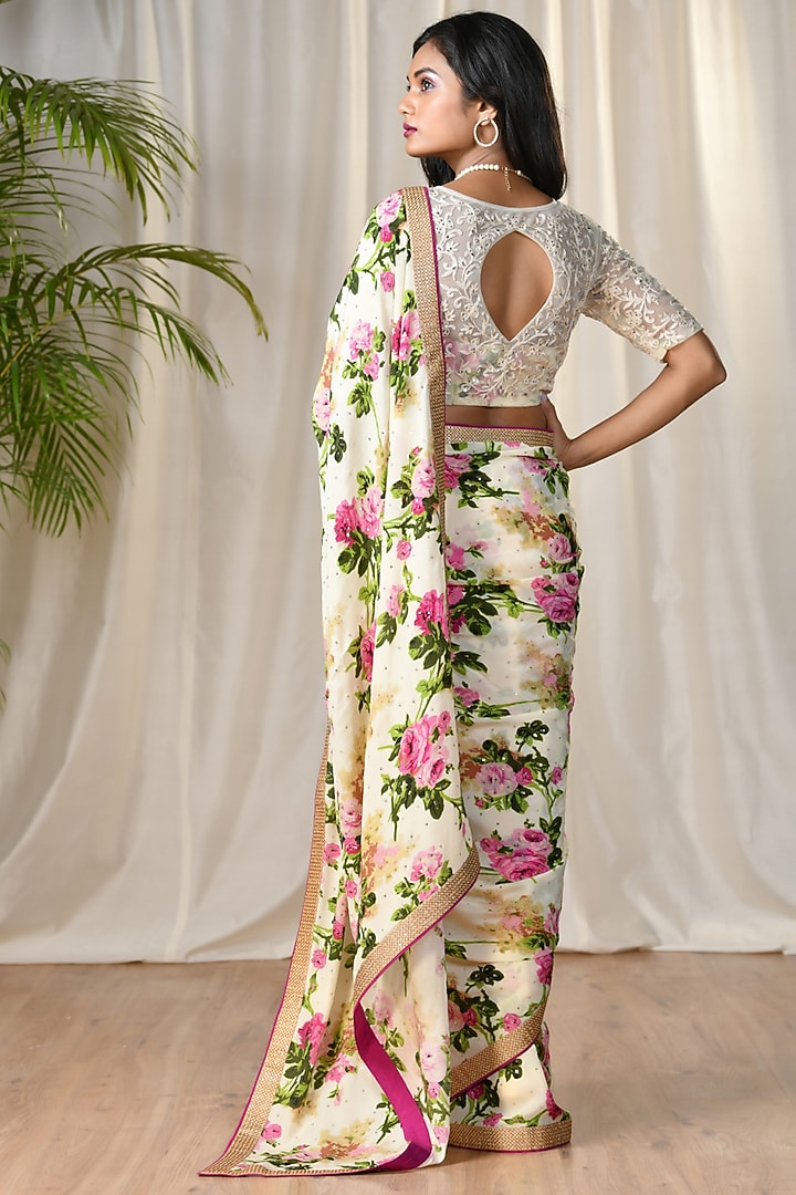 Off White & Pink Rayon Crepe Floral Embroidered Wedding Saree Set by Ri Ritu Kumar at Pernia's Pop Up Shop