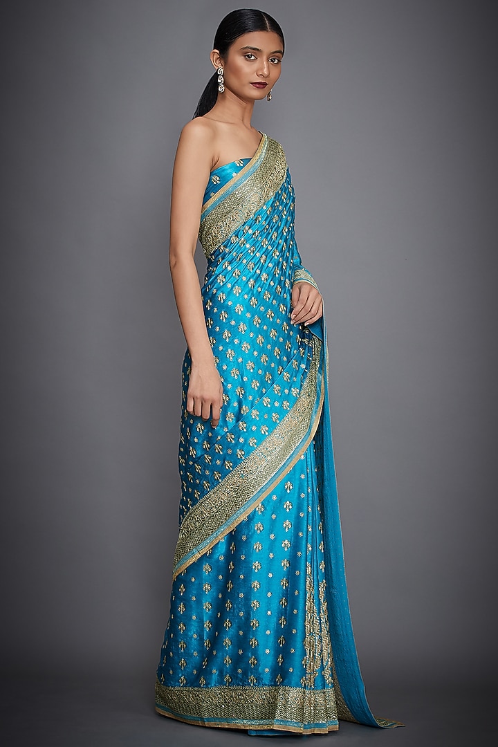 Turquoise & Gold Hand Embroidered Reception Saree Set by Ri Ritu Kumar at Pernia's Pop Up Shop