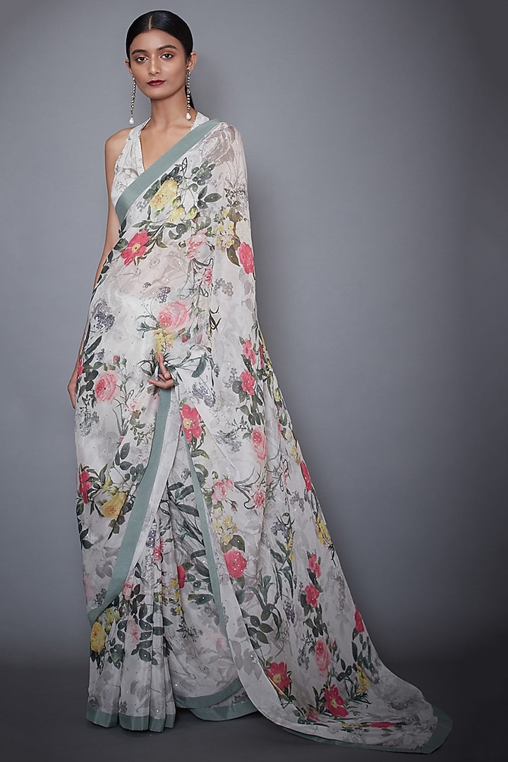Off white printed and embroidered saree set