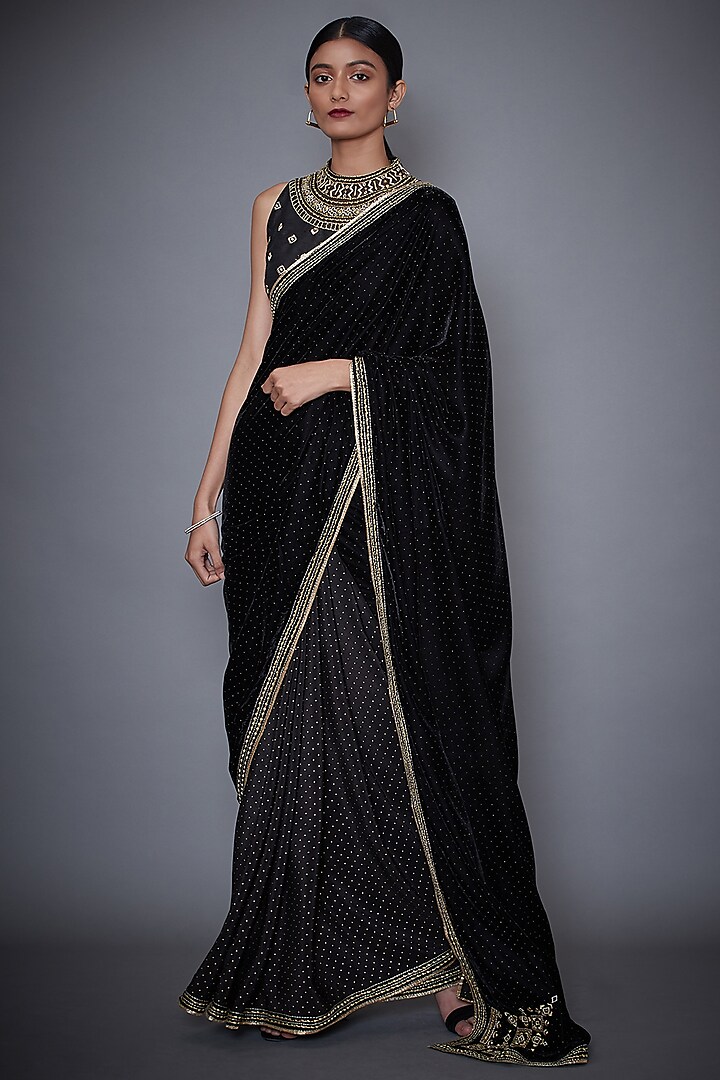 Black Embroidered Velvet Saree Set by Ri Ritu Kumar