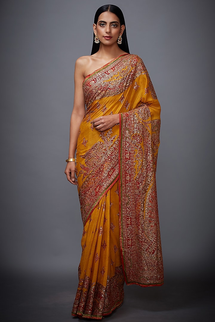 Yellow & Red Floral Embroidered Saree Set by Ri Ritu Kumar