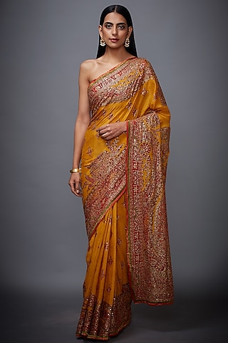 Yellow & Red Floral Embroidered Saree Set by Ri Ritu Kumar