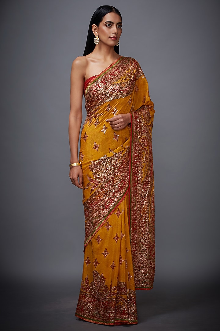Yellow & Red Floral Embroidered Bridal Saree Set by Ri Ritu Kumar at Pernia's Pop Up Shop