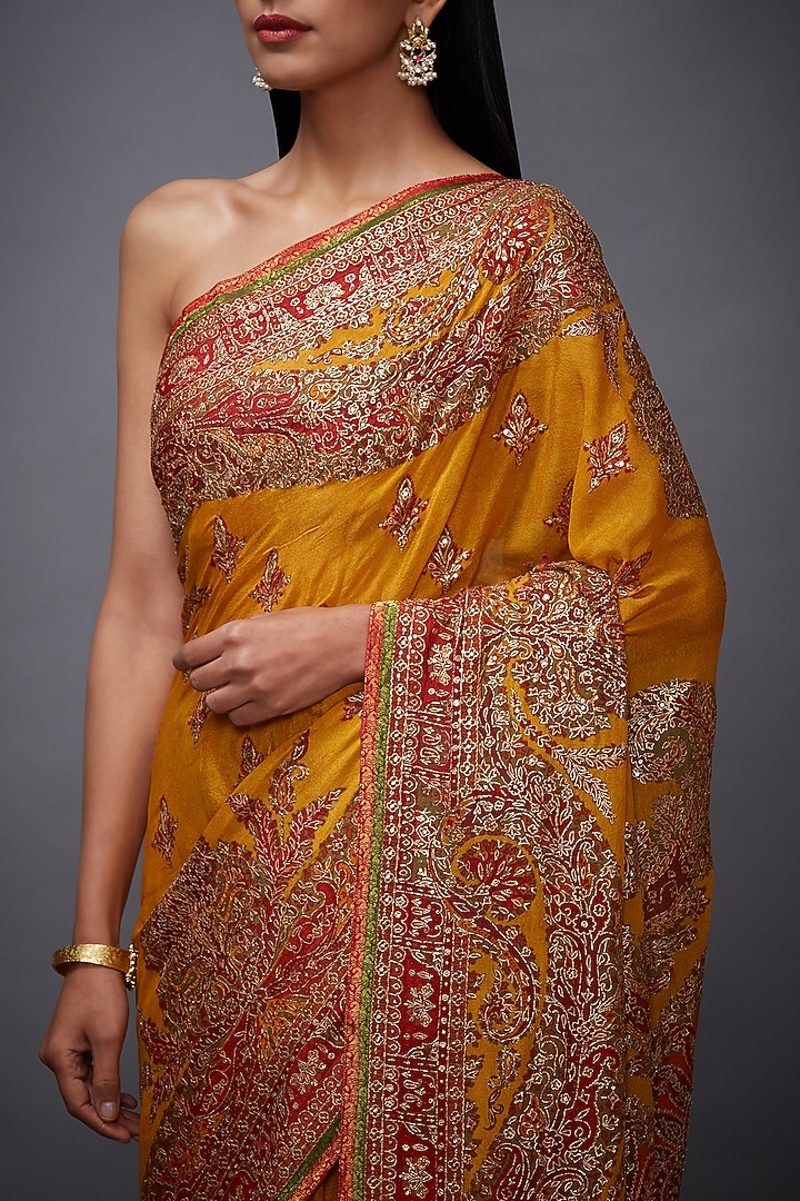 Yellow & Red Floral Embroidered Bridal Saree Set by Ri Ritu Kumar at Pernia's Pop Up Shop
