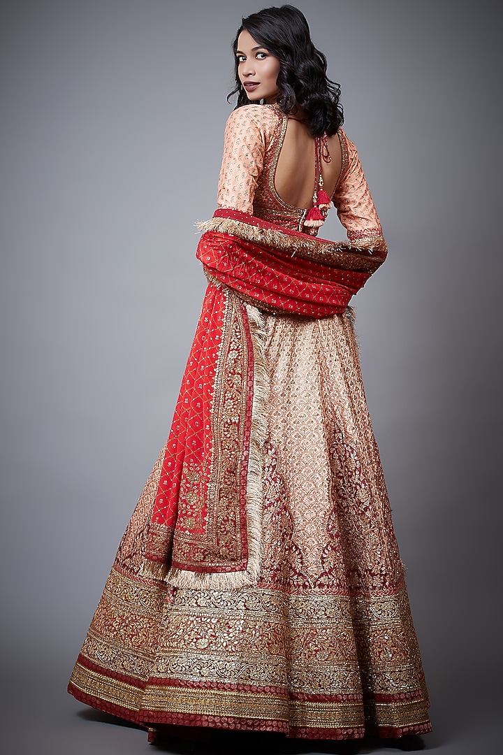 Peach & Burgundy Embroidered & Printed Bridal Lehenga Set by Ri Ritu Kumar at Pernia's Pop Up Shop