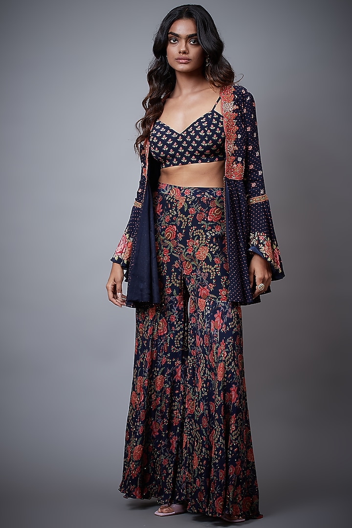 Navy Machine & Hand Embroidered Jacket Set by Ri Ritu Kumar at Pernia's Pop Up Shop